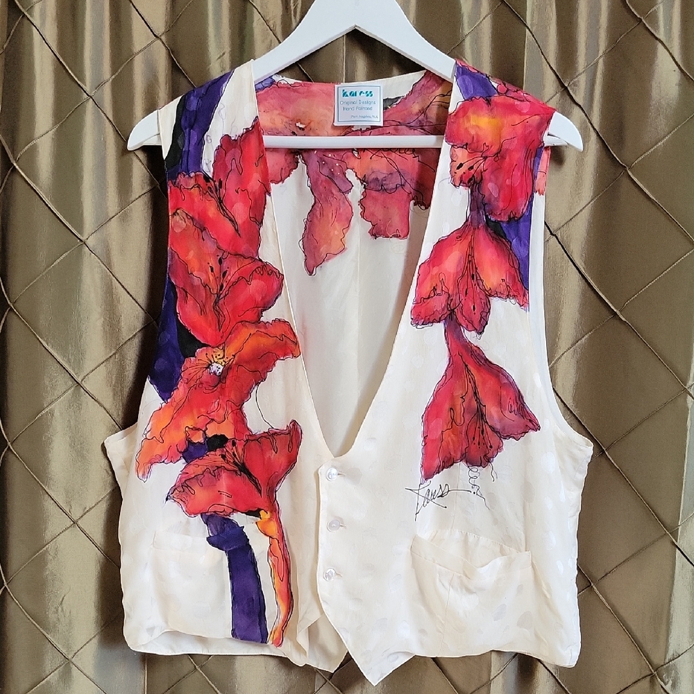 EUC- Hand Painted Unisex 100% Silk Jacquard Vest